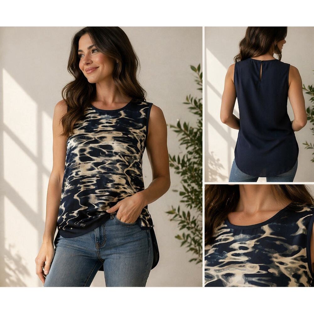 Vince Camuto Navy Abstract Print Sleeveless Blouse Small Lightweight